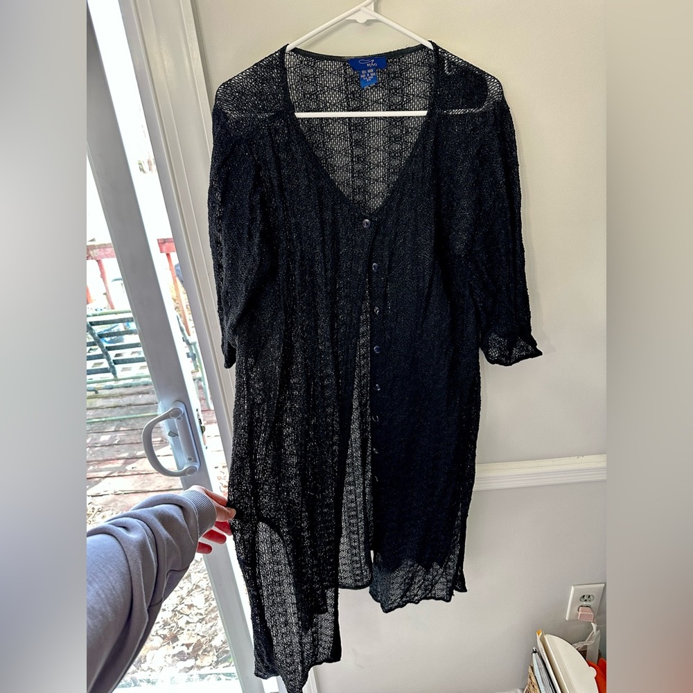 Sheer Button Up Duster Dress Y2K Crochet Cardigan Black Large